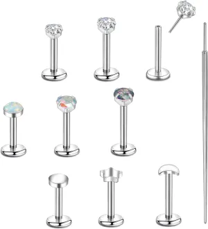 CANDYFANCY 10PCS 20g/18g/16g Threadless Stud Earrings for Women Men Cz Opal Moon Star Flat Back Studs Cartilage Earrings for Multiple Piercing-Push In Nose Studs with Taper Piercing 6/7/8mm Length