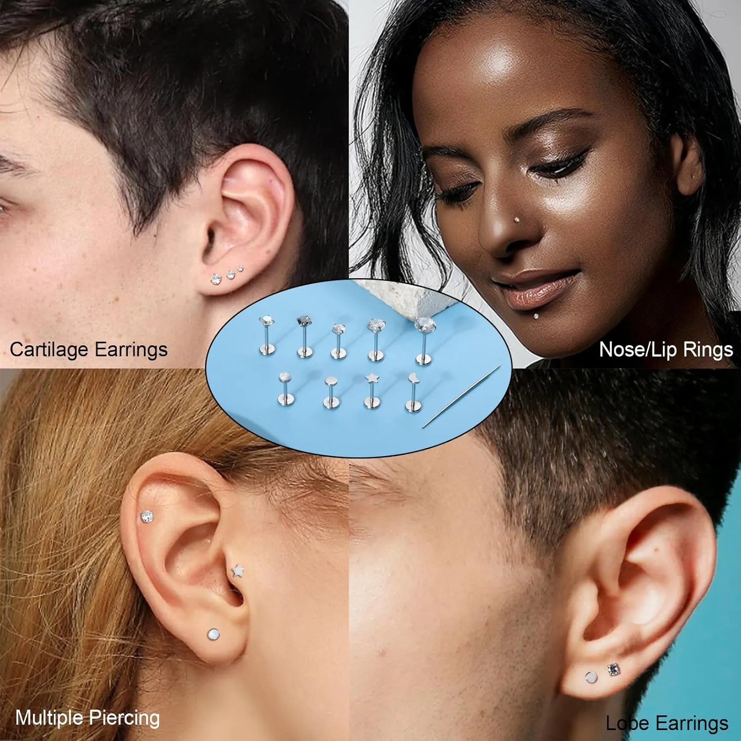 CANDYFANCY 10PCS 20g/18g/16g Threadless Stud Earrings for Women Men Cz Opal Moon Star Flat Back Studs Cartilage Earrings for Multiple Piercing-Push In Nose Studs with Taper Piercing 6/7/8mm Length
