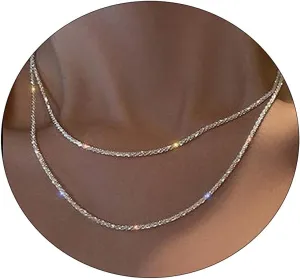 CAROVO Dainty Gold Necklace for Women 14K Plated Layered Chain Necklaces Trible Layering Paper Clip Chain Hammered Disc Link Necklace Shiny Twisted Rope Chain Necklace Jewelry