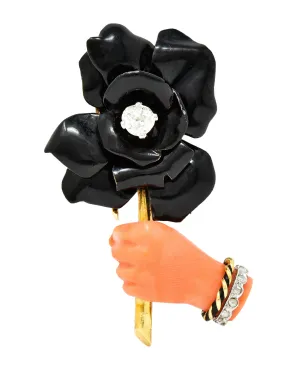 Cartier Paris Art Deco Diamond Carved Coral Enamel Platinum 18 Karat Yellow Gold Gardenia Flower In Hand Vintage Brooch