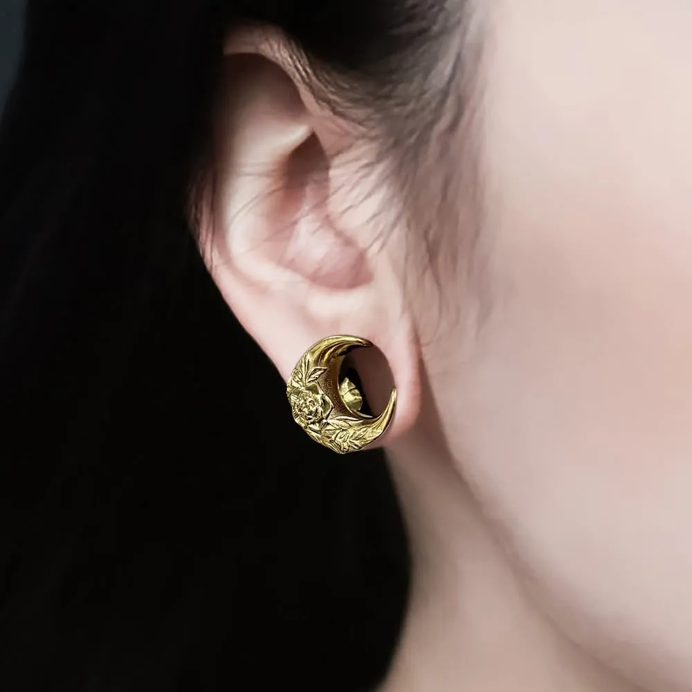 Casvort 2 PCS Hypoallergenic 316 Stainless Steel 0G-1" Hot Moon Flower Saddle Hangers Plugs Unique Saddle Gauges Ear Plugs Expander Stretcher Ear Tunnels Body Piercing Jewelry