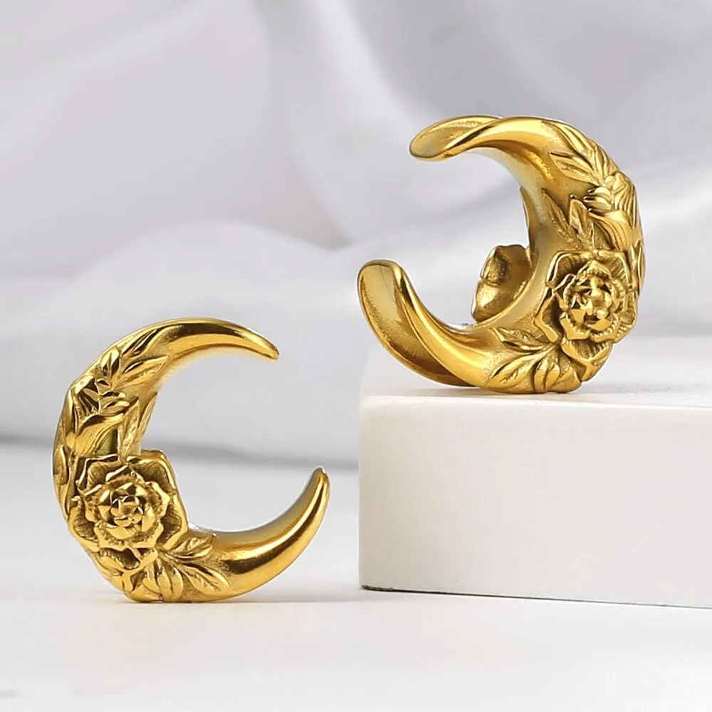 Casvort 2 PCS Hypoallergenic 316 Stainless Steel 0G-1" Hot Moon Flower Saddle Hangers Plugs Unique Saddle Gauges Ear Plugs Expander Stretcher Ear Tunnels Body Piercing Jewelry