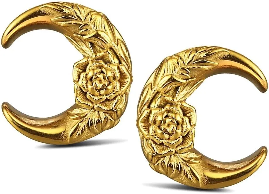 Casvort 2 PCS Hypoallergenic 316 Stainless Steel 0G-1" Hot Moon Flower Saddle Hangers Plugs Unique Saddle Gauges Ear Plugs Expander Stretcher Ear Tunnels Body Piercing Jewelry