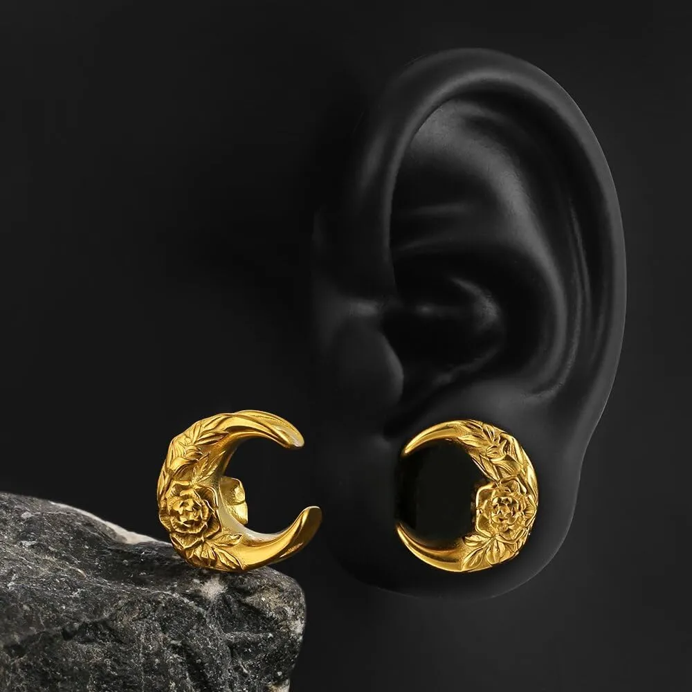 Casvort 2 PCS Hypoallergenic 316 Stainless Steel 0G-1" Hot Moon Flower Saddle Hangers Plugs Unique Saddle Gauges Ear Plugs Expander Stretcher Ear Tunnels Body Piercing Jewelry