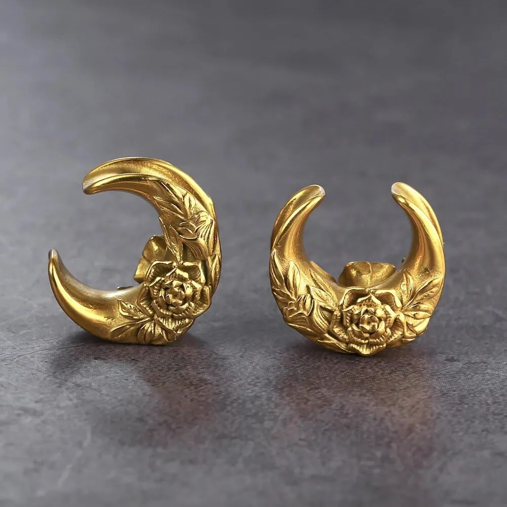 Casvort 2 PCS Hypoallergenic 316 Stainless Steel 0G-1" Hot Moon Flower Saddle Hangers Plugs Unique Saddle Gauges Ear Plugs Expander Stretcher Ear Tunnels Body Piercing Jewelry