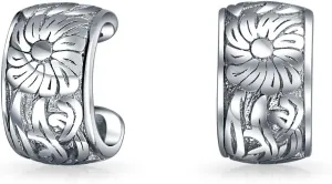 Celestial Sunflower Flower Leaves Clip Wrap Helix Band Cartilage Ear Cuffs Earrings For Women Teens Non Pierced Ear Oxidized .925 Sterling Silver