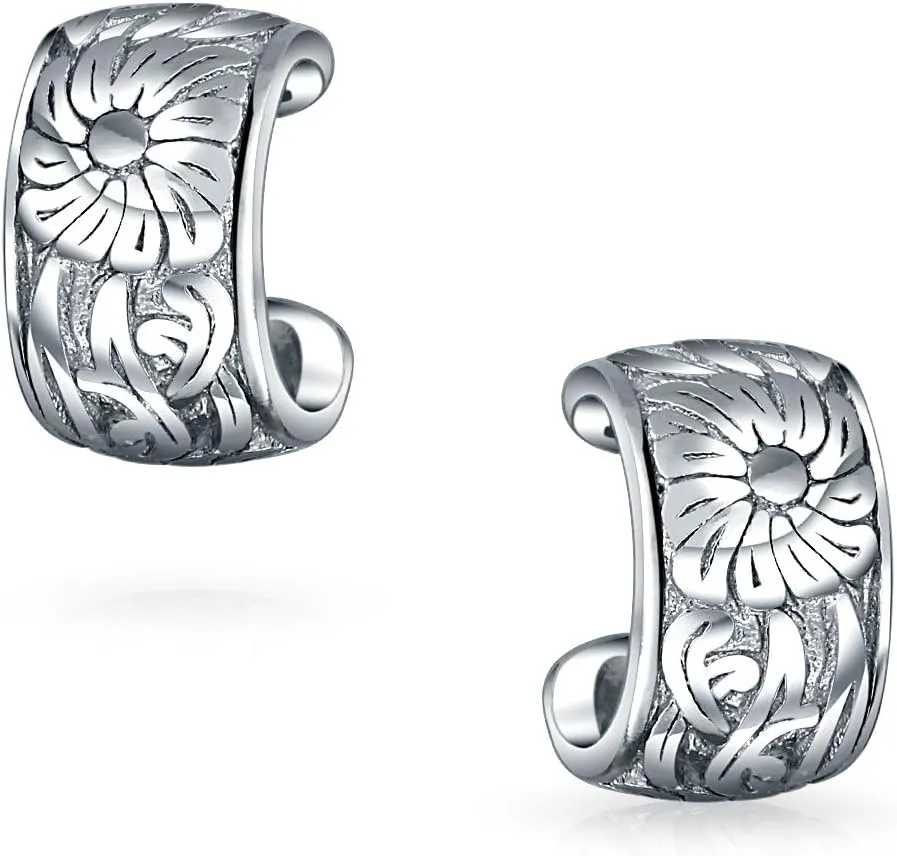 Celestial Sunflower Flower Leaves Clip Wrap Helix Band Cartilage Ear Cuffs Earrings For Women Teens Non Pierced Ear Oxidized .925 Sterling Silver