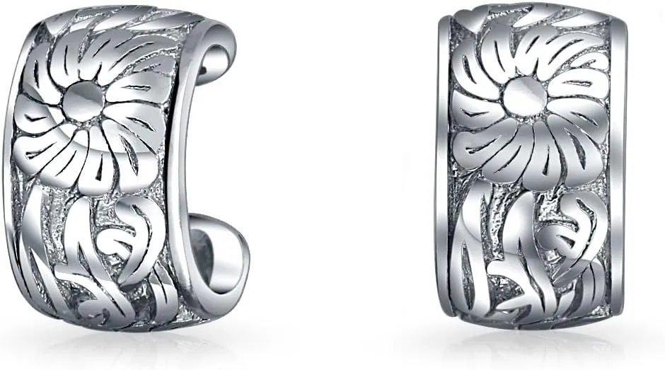 Celestial Sunflower Flower Leaves Clip Wrap Helix Band Cartilage Ear Cuffs Earrings For Women Teens Non Pierced Ear Oxidized .925 Sterling Silver