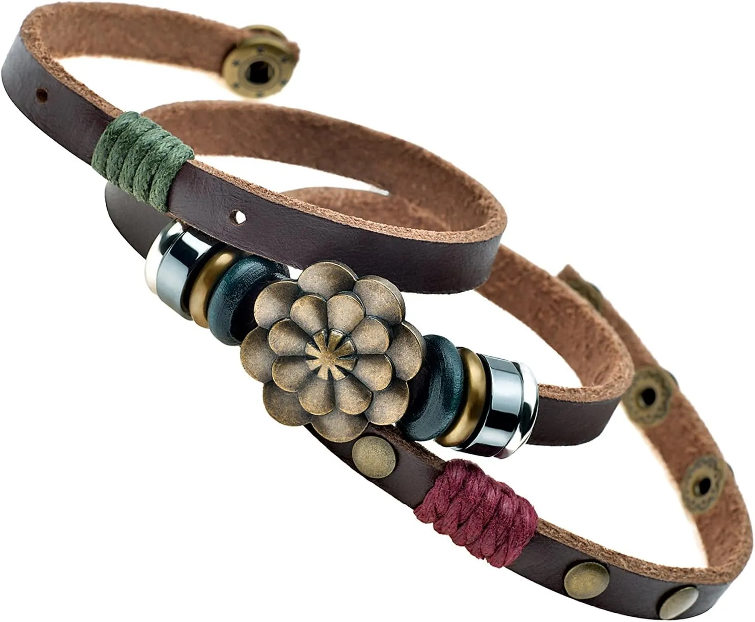 CELOKIY Women's Boho Brown Leather Wrap Bracelet with Brass/Bronze Lotus Flower Stack Trendy Jewelry
