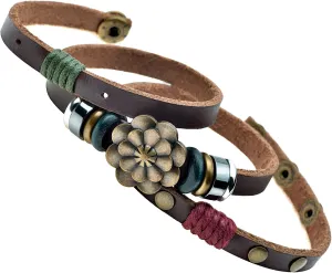CELOKIY Women's Boho Brown Leather Wrap Bracelet with Brass/Bronze Lotus Flower Stack Trendy Jewelry