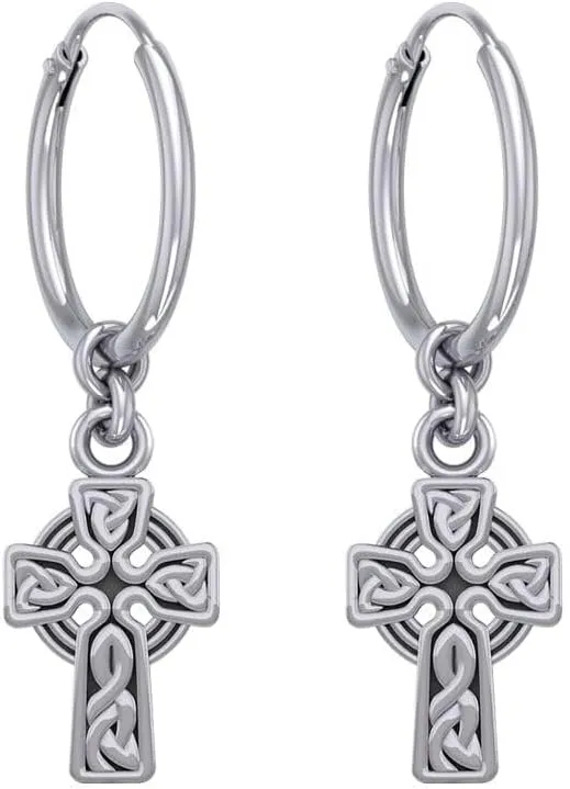 Celtic Cross 925 Sterling Silver Hoop Earrings Fine Religious Faith Jewelry