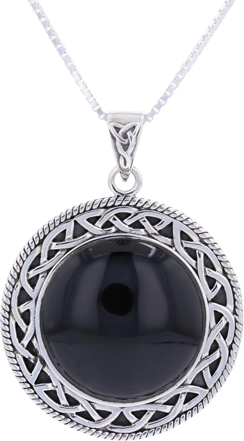 Celtic Knotwork Sterling Silver Pendant Necklace 18" Created Black Onyx