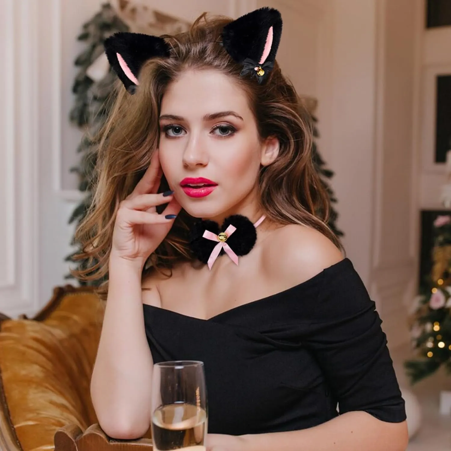 Century Star Women Cat Ears Headband Necklace with Bells Girls Easter Energetic kitty Ears Hair Accessory Costume Party