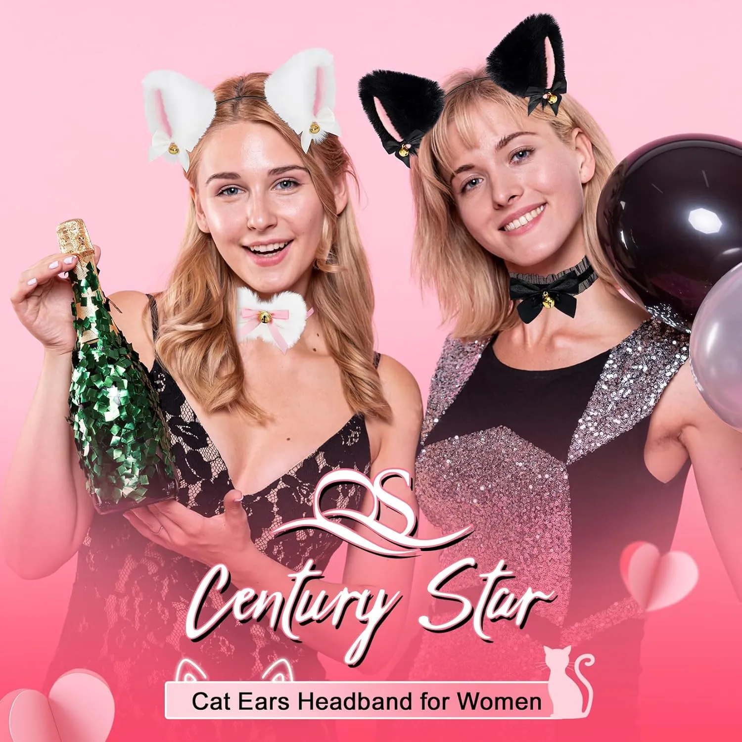 Century Star Women Cat Ears Headband Necklace with Bells Girls Easter Energetic kitty Ears Hair Accessory Costume Party
