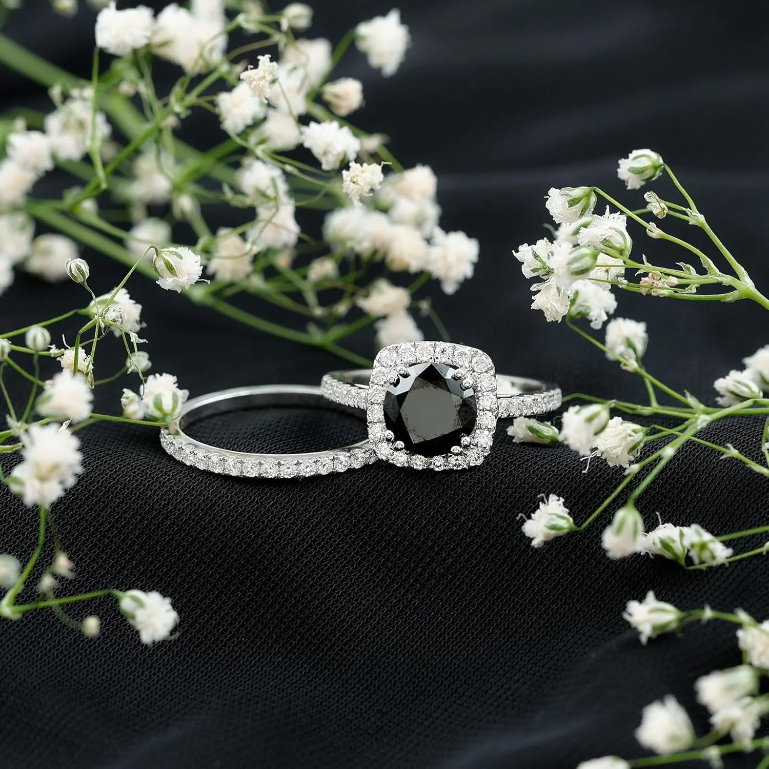 Certified Lab Grown Black Diamond Moissanite Bridal Ring Set, Aaaa Quality, Engagement Ring with Wedding Band