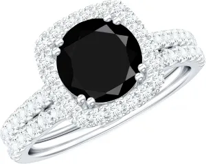 Certified Lab Grown Black Diamond Moissanite Bridal Ring Set, Aaaa Quality, Engagement Ring with Wedding Band