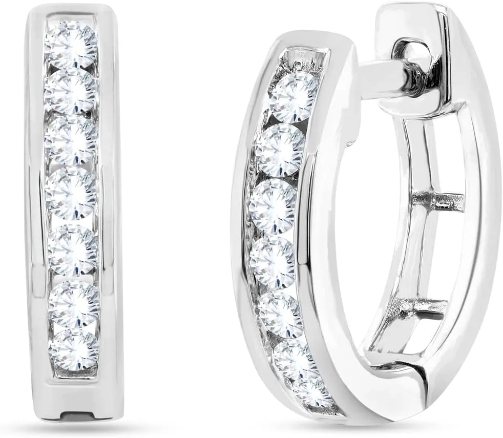 Channel Set Diamond Huggie Hoop Earrings for Women - 18K Gold Over 925 Sterling Silver with1/4 Cttw Round Real Natural Diamond Hoop Earrings Sensitive Ears (0.26 Carat, I-J Color, I2 Clarity)