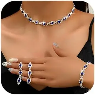 Chargances 4pcs Rhinestone Bride Wedding Jewelry Set Silver Crystal Necklace Bracelet Earring Set Shiny Bridal Prom Jewelry for Women
