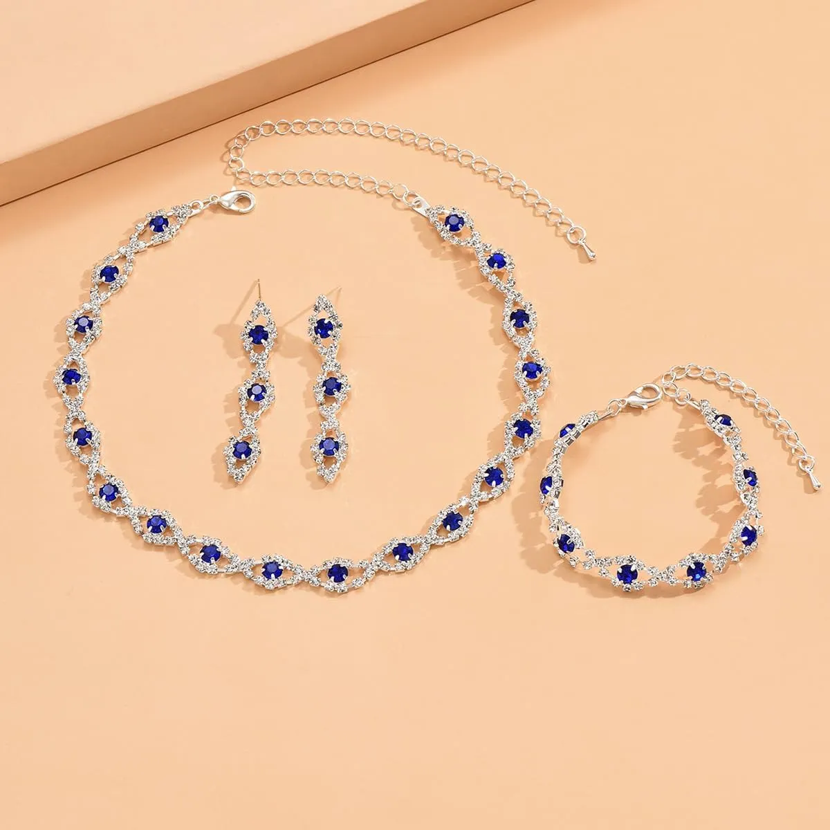 Chargances 4pcs Rhinestone Bride Wedding Jewelry Set Silver Crystal Necklace Bracelet Earring Set Shiny Bridal Prom Jewelry for Women