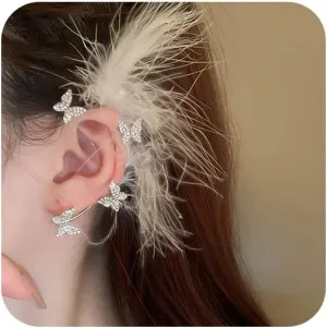 Chargances Bohemian Feather Ear Cuff Earrings Sparkly Butterfly Crystal Rhinestone Ear Wrap Earrings Statement Crawler Non-piercing Earrings for Women(Style 1)