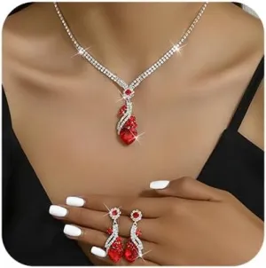 Chargances Heart Rhinestone Jewelry Set for Wedding Bridal Crystal Shiny Necklace Choker Heart Pendant Dangle Earrings for Women