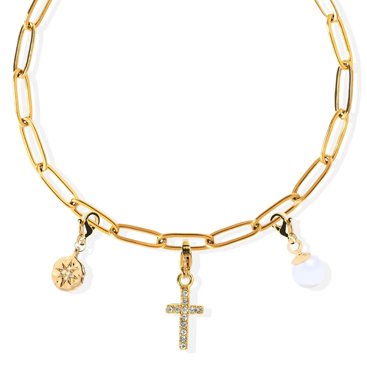 Charm Bracelet for Women, Charm Bracelet with Charms, Pearl Compass Cross Charms, Handmade Jewelry, Gold Bracelets for Women (Style 1)