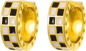 Checkered Hoop Earrings for Men Women Dainty 925 Sterling Silver Post 14K Gold Plated Tiny Round Circle Huggie Hoops White Black Enamel Hypoallergenic Hooped Gifts Her Birthday Bff