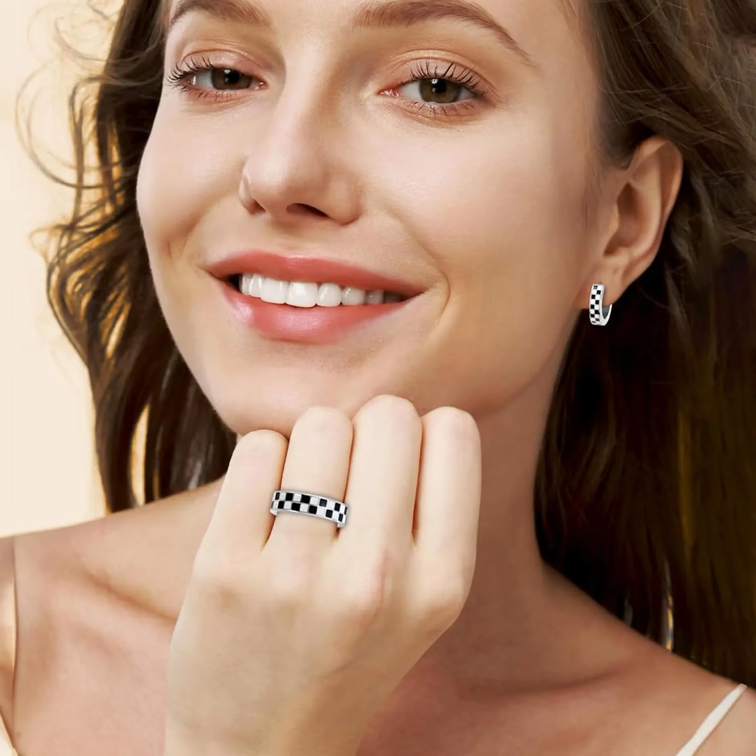 Checkered Jewelry Set for Women - 18K Gold Plated Stainless Steel Checkerboard Ring & Black and White Checkered Hypoallergenic Chunky Huggie Hoop Earring, Gift-Ready Packaging for Mother's Day Valentine's Day