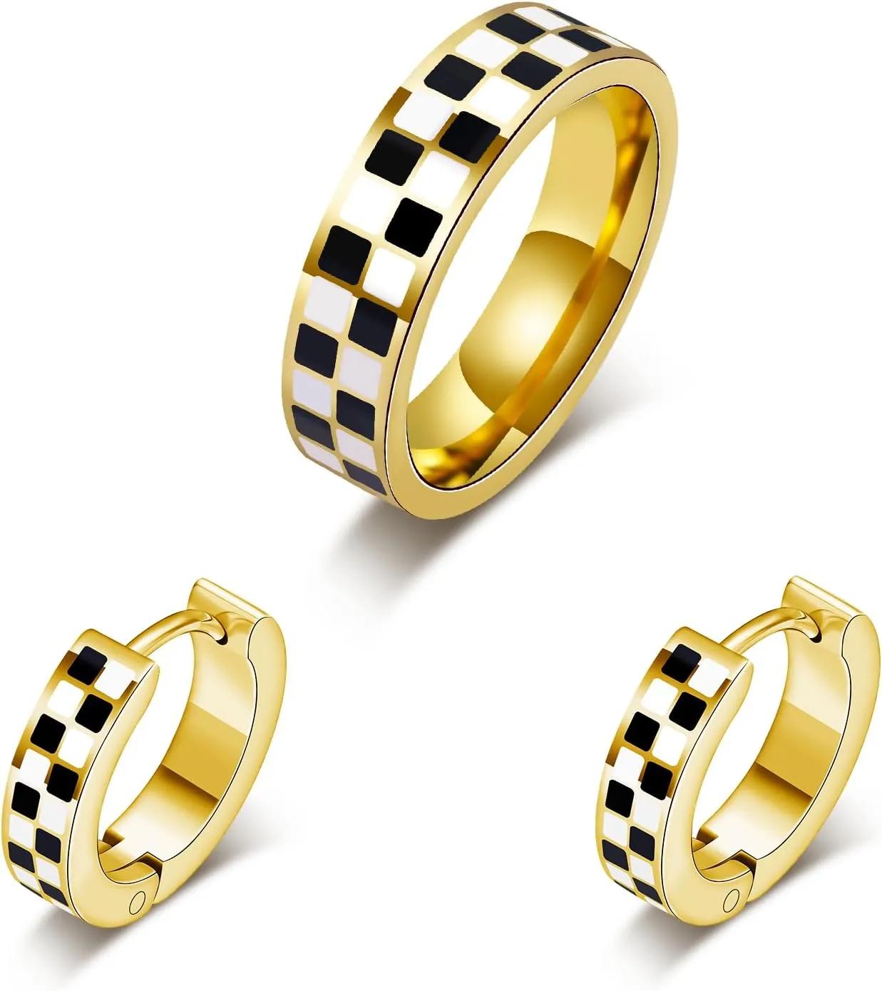 Checkered Jewelry Set for Women - 18K Gold Plated Stainless Steel Checkerboard Ring & Black and White Checkered Hypoallergenic Chunky Huggie Hoop Earring, Gift-Ready Packaging for Mother's Day Valentine's Day