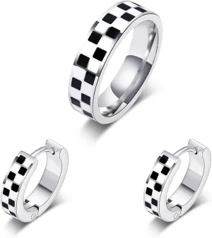 Checkered Jewelry Set for Women - 18K Gold Plated Stainless Steel Checkerboard Ring & Black and White Checkered Hypoallergenic Chunky Huggie Hoop Earring, Gift-Ready Packaging for Mother's Day Valentine's Day