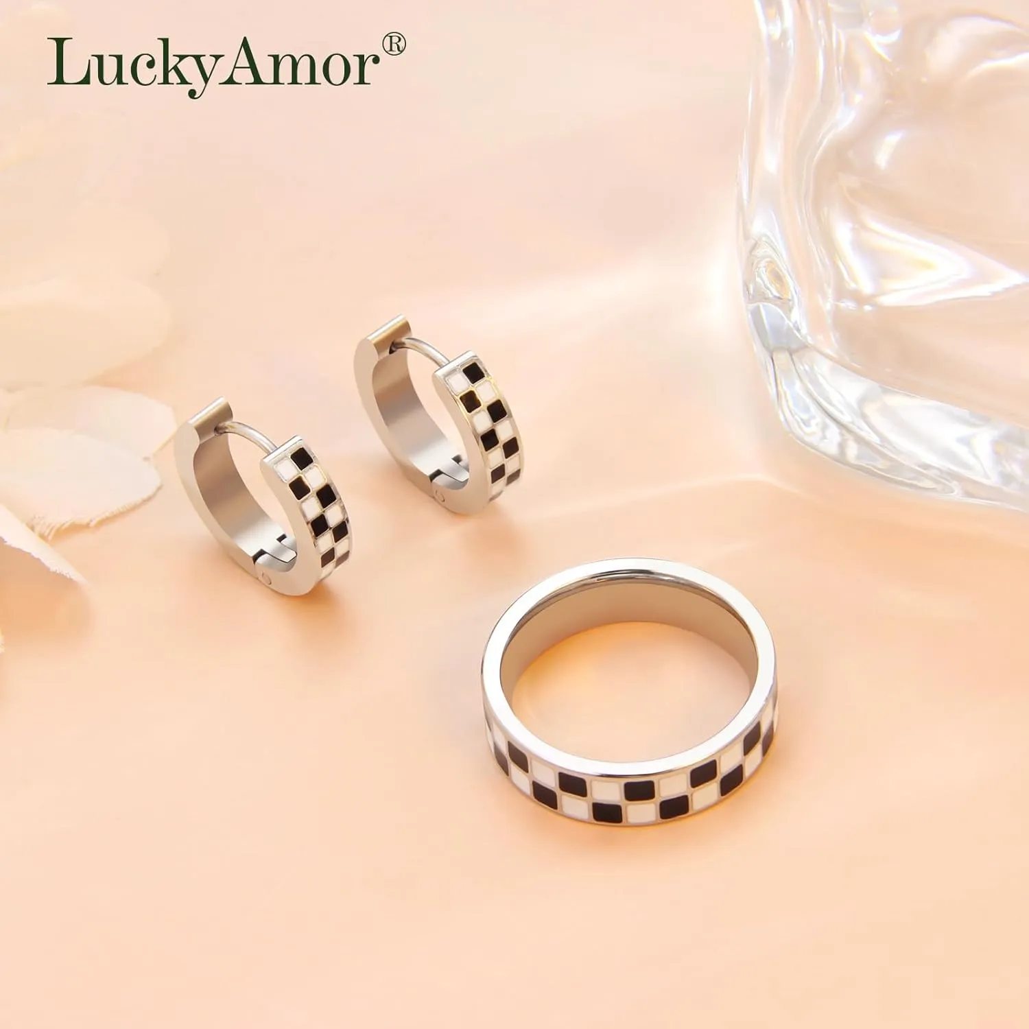 Checkered Jewelry Set for Women - 18K Gold Plated Stainless Steel Checkerboard Ring & Black and White Checkered Hypoallergenic Chunky Huggie Hoop Earring, Gift-Ready Packaging for Mother's Day Valentine's Day