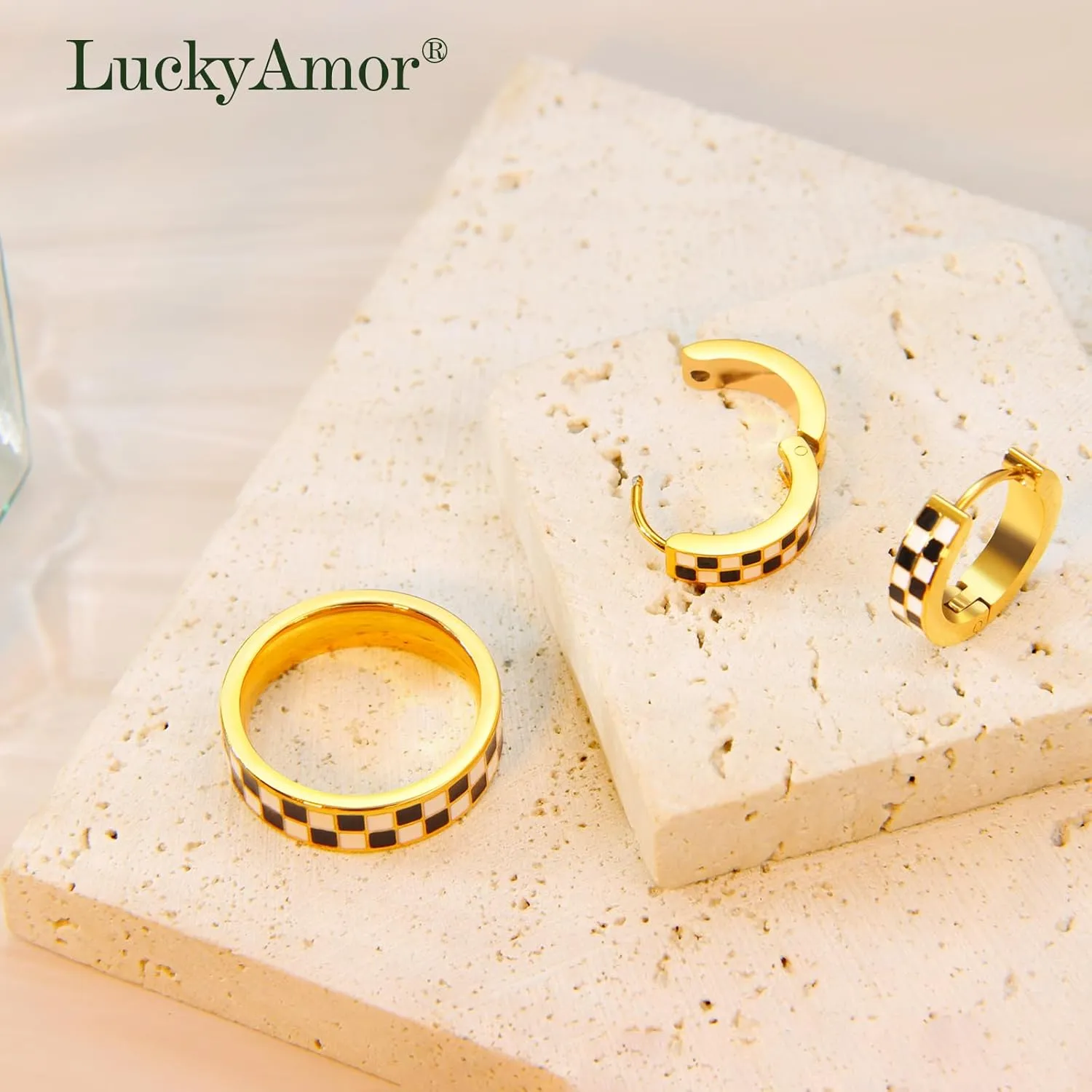 Checkered Jewelry Set for Women - 18K Gold Plated Stainless Steel Checkerboard Ring & Black and White Checkered Hypoallergenic Chunky Huggie Hoop Earring, Gift-Ready Packaging for Mother's Day Valentine's Day