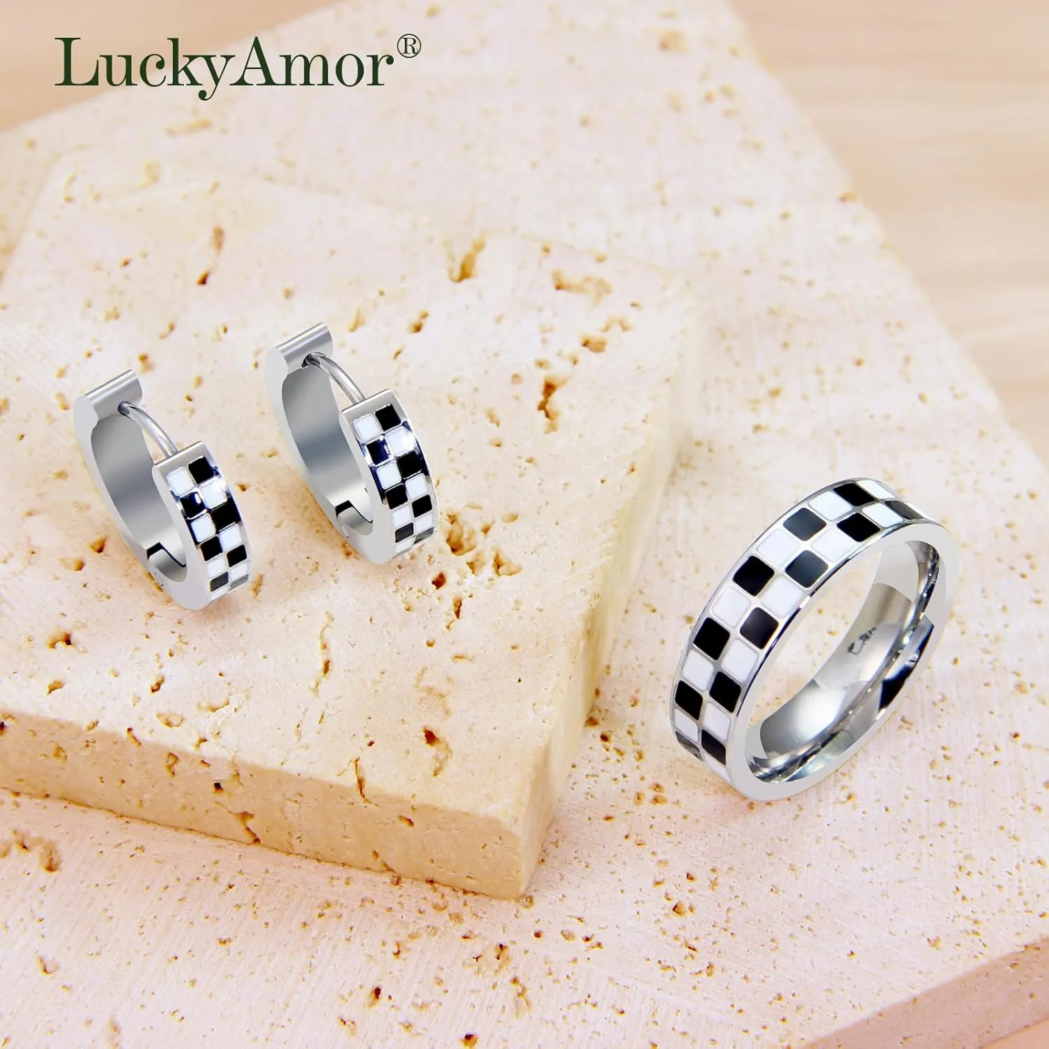 Checkered Jewelry Set for Women - 18K Gold Plated Stainless Steel Checkerboard Ring & Black and White Checkered Hypoallergenic Chunky Huggie Hoop Earring, Gift-Ready Packaging for Mother's Day Valentine's Day