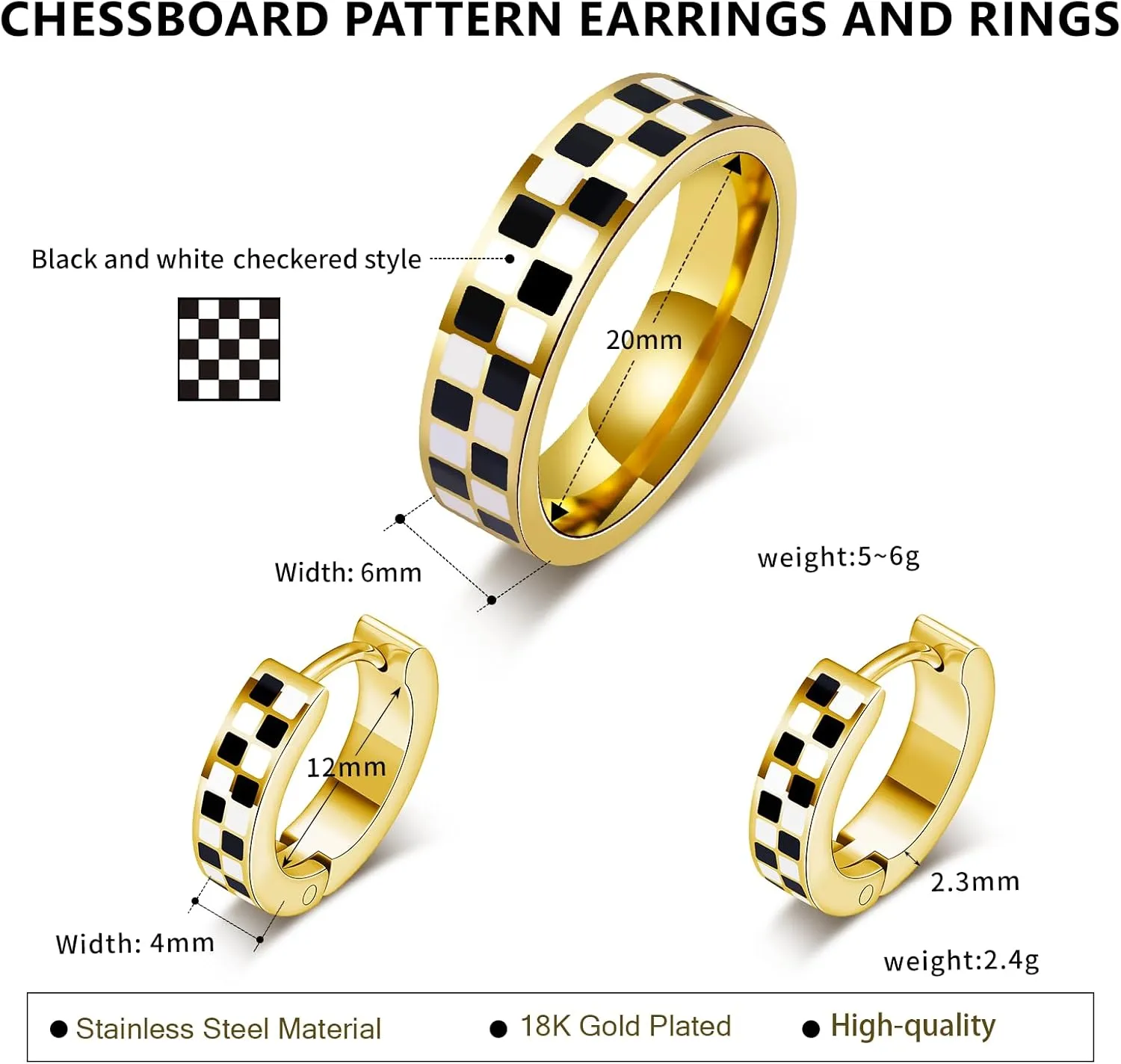 Checkered Jewelry Set for Women - 18K Gold Plated Stainless Steel Checkerboard Ring & Black and White Checkered Hypoallergenic Chunky Huggie Hoop Earring, Gift-Ready Packaging for Mother's Day Valentine's Day