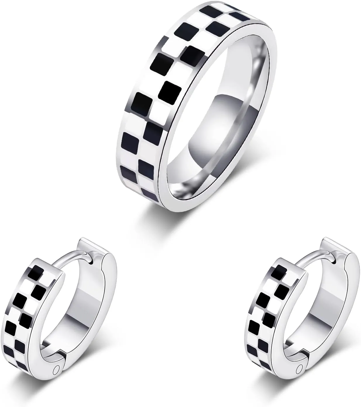 Checkered Jewelry Set for Women - 18K Gold Plated Stainless Steel Checkerboard Ring & Black and White Checkered Hypoallergenic Chunky Huggie Hoop Earring, Gift-Ready Packaging for Mother's Day Valentine's Day