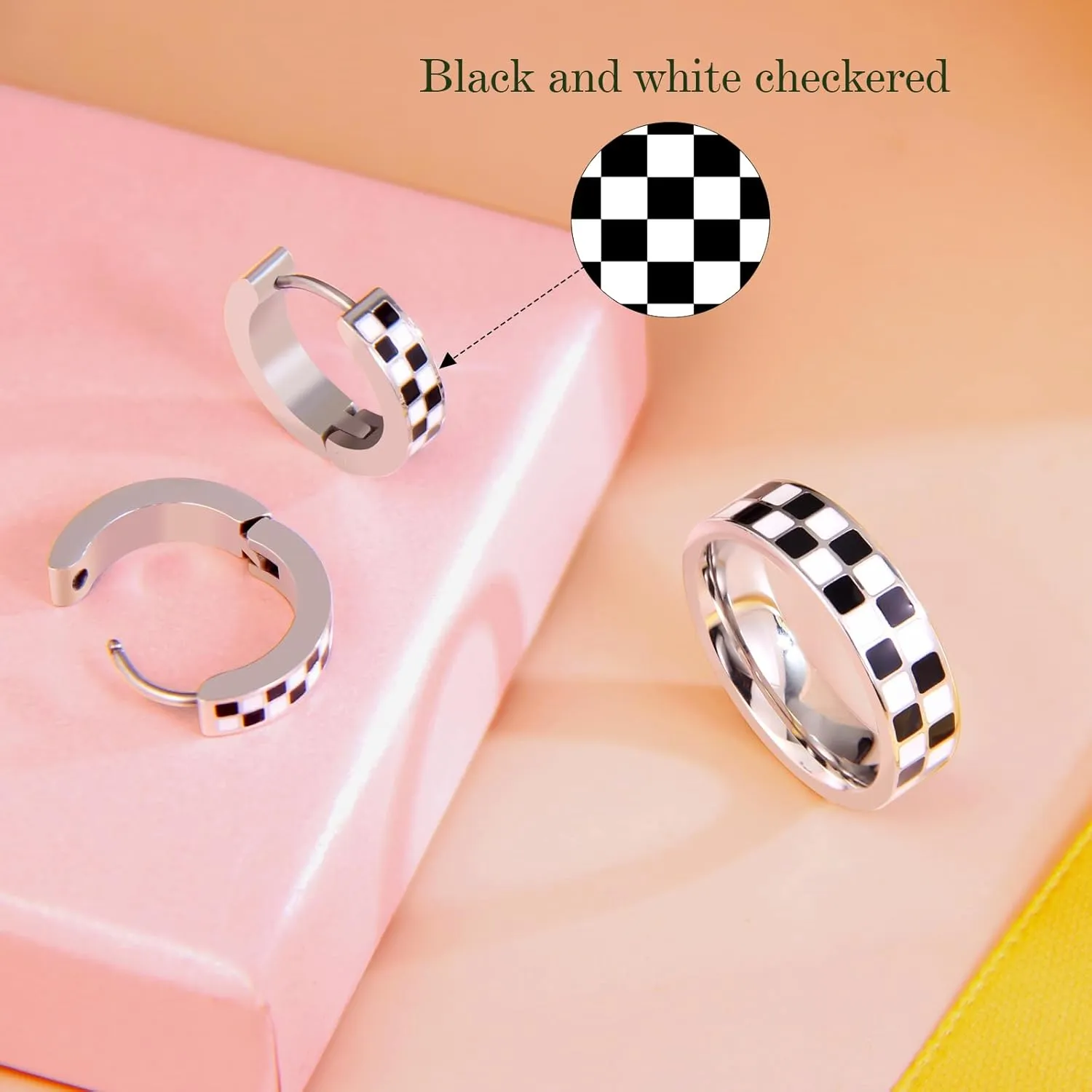Checkered Jewelry Set for Women - 18K Gold Plated Stainless Steel Checkerboard Ring & Black and White Checkered Hypoallergenic Chunky Huggie Hoop Earring, Gift-Ready Packaging for Mother's Day Valentine's Day