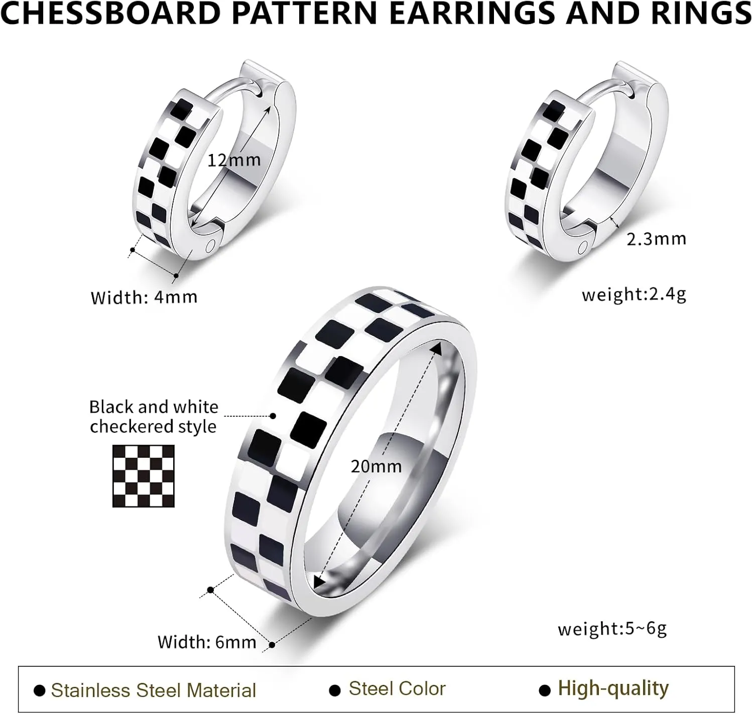 Checkered Jewelry Set for Women - 18K Gold Plated Stainless Steel Checkerboard Ring & Black and White Checkered Hypoallergenic Chunky Huggie Hoop Earring, Gift-Ready Packaging for Mother's Day Valentine's Day