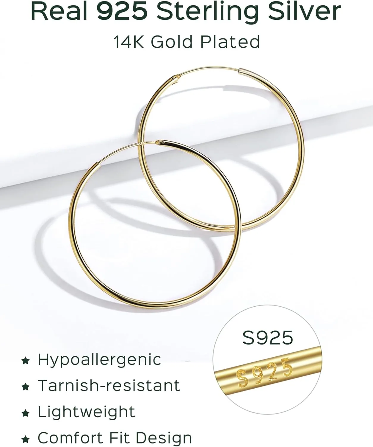 ChicSilver Hypoallergenic 925 Sterling Silver Hoop Earrings for Women, Lightweight Large Gold Hoop Earrings, Endless Hoops Huggie Earrings 15/20/30/50/70MM