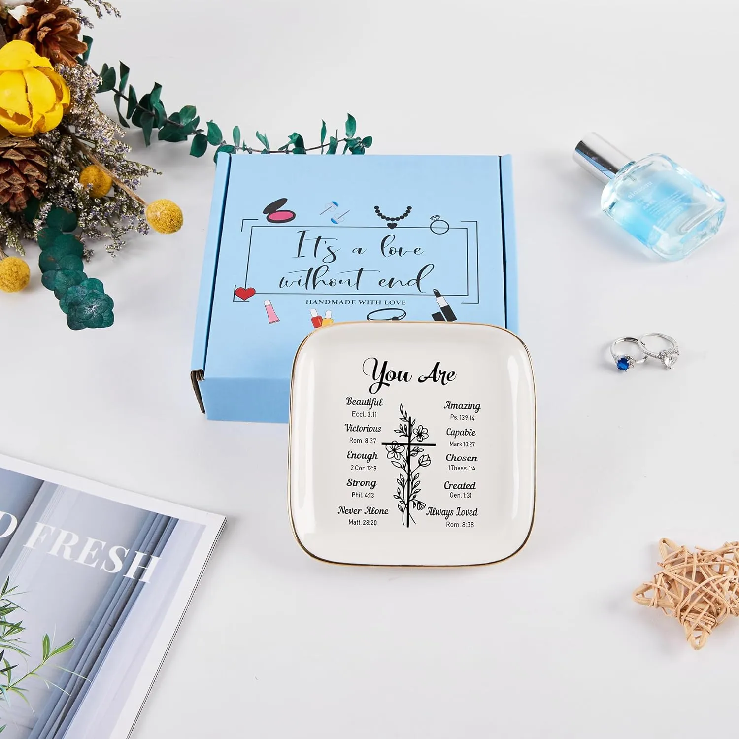 Christian Gifts: Ring Dish Jewelry Plate, Inspirational Bible Verse Faith Gifts for Christian Women & Teen Girls' Birthday & Christmas