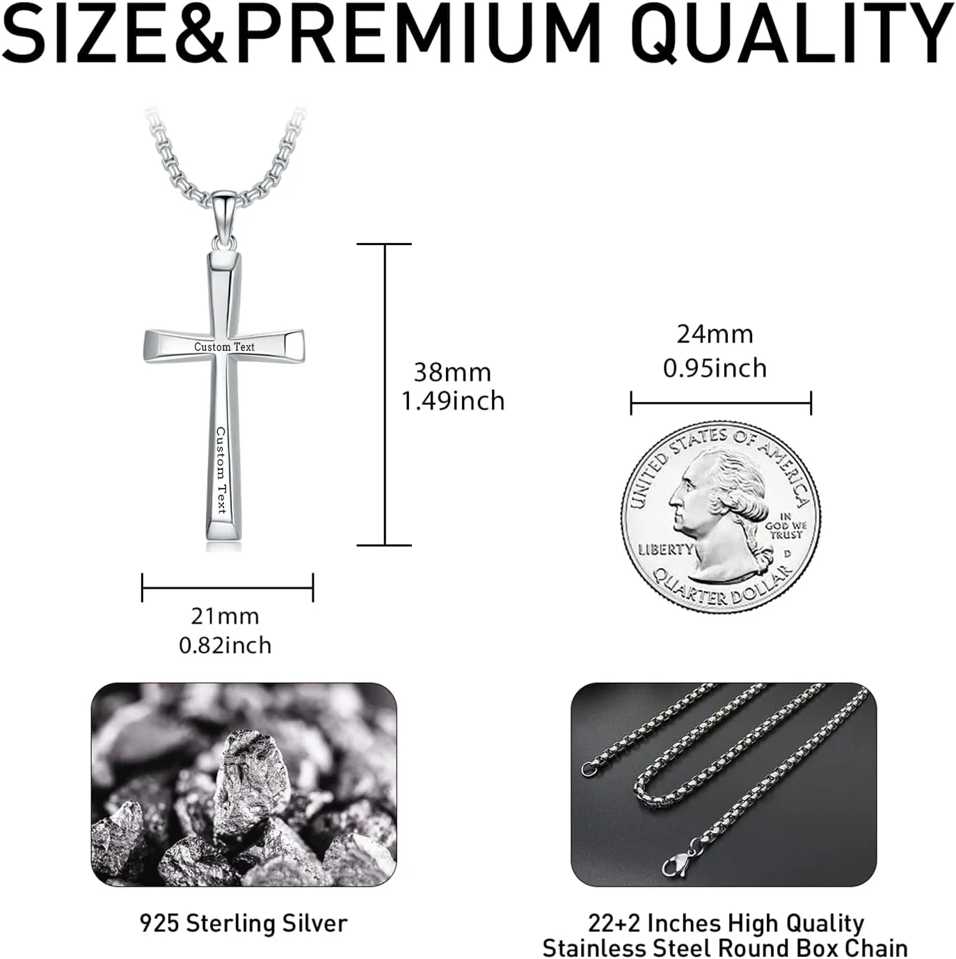 Christmas Gifts Personalized Sterling Silver Cross Necklace For Men and Women Customized Engraved Cross Pendant with 2.0MM 16"-26" Chain Jewelry(with Gift Box)