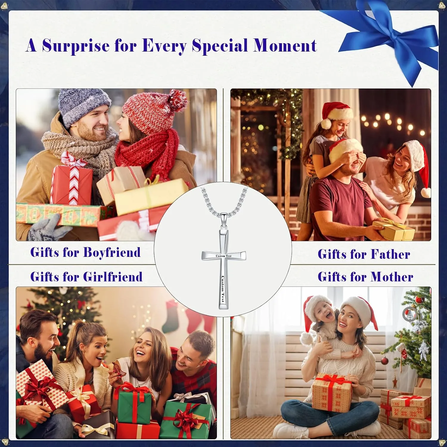 Christmas Gifts Personalized Sterling Silver Cross Necklace For Men and Women Customized Engraved Cross Pendant with 2.0MM 16"-26" Chain Jewelry(with Gift Box)