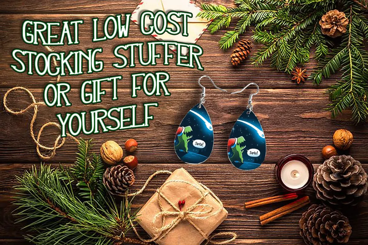 Christmas Winter Dangle Earrings Set | Cute Girls Womens Jewelry Earings | Double Sided Print | Holiday Gifts | Let Us Adore Him Nativity XMAS Adorable Fashion Accessories (Dinosaur)
