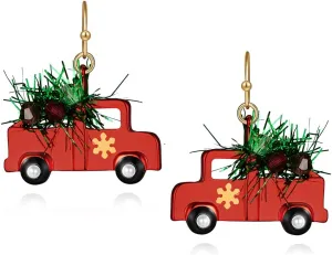 CLASSYZINT Christmas Red Earrings For Women Small Car Alloy With Shiny Green Tree Cute Novelty Dangle Earrings For Women