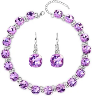 Clear Purple Austrian Crystal Wedding Bridal Jewelry Set for Brides Bridesmaid, Gemstone Statement Necklace and Earring Set Formal Prom Jewelry Set for Silver-Tone Fit With Wedding Evening Dress