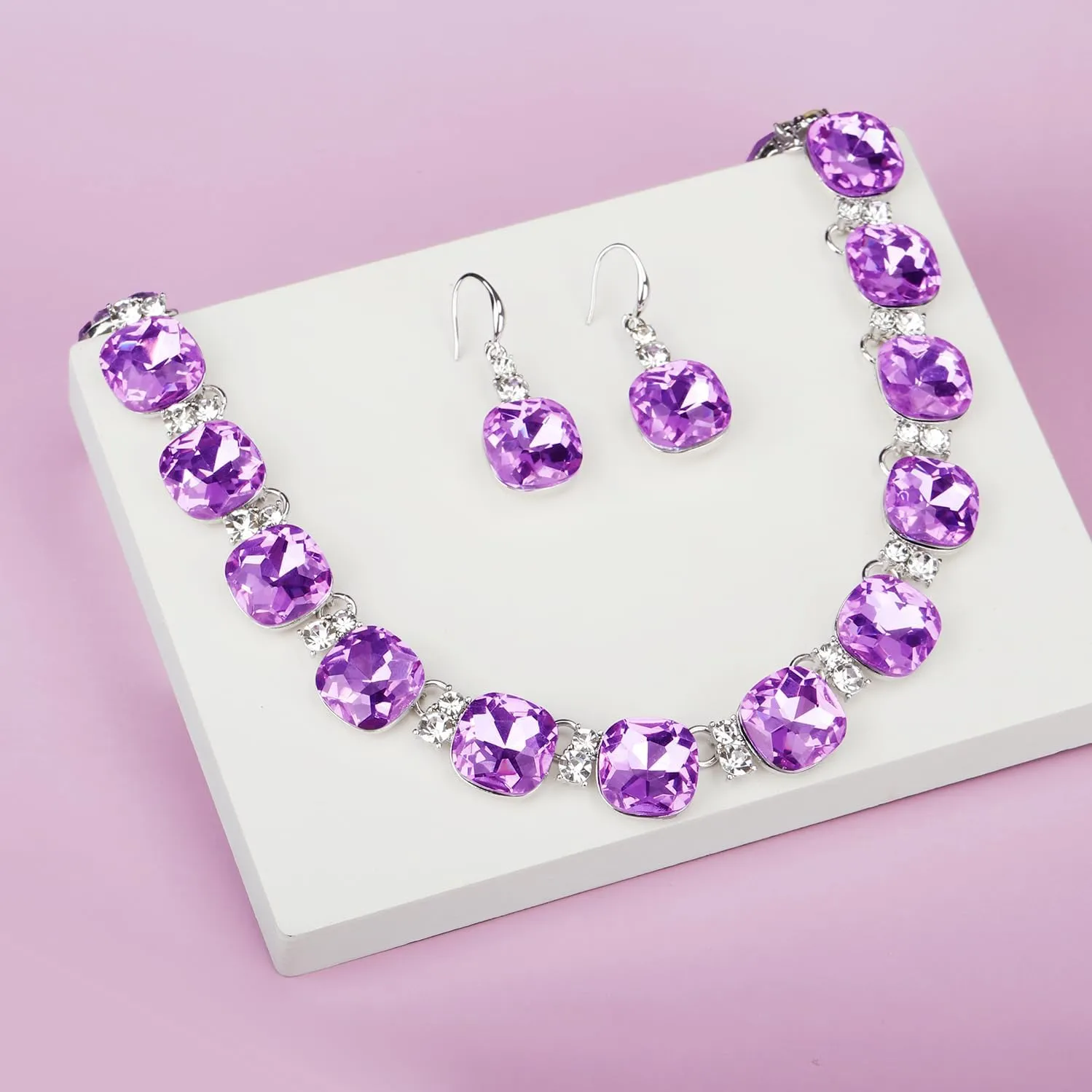 Clear Purple Austrian Crystal Wedding Bridal Jewelry Set for Brides Bridesmaid, Gemstone Statement Necklace and Earring Set Formal Prom Jewelry Set for Silver-Tone Fit With Wedding Evening Dress