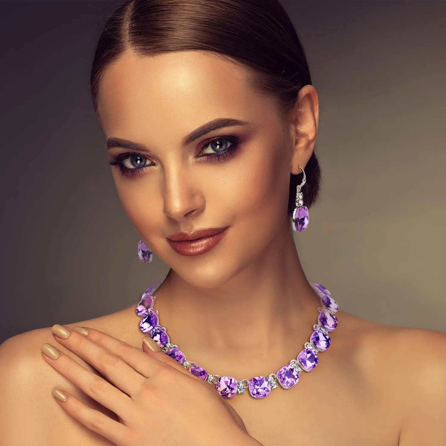Clear Purple Austrian Crystal Wedding Bridal Jewelry Set for Brides Bridesmaid, Gemstone Statement Necklace and Earring Set Formal Prom Jewelry Set for Silver-Tone Fit With Wedding Evening Dress