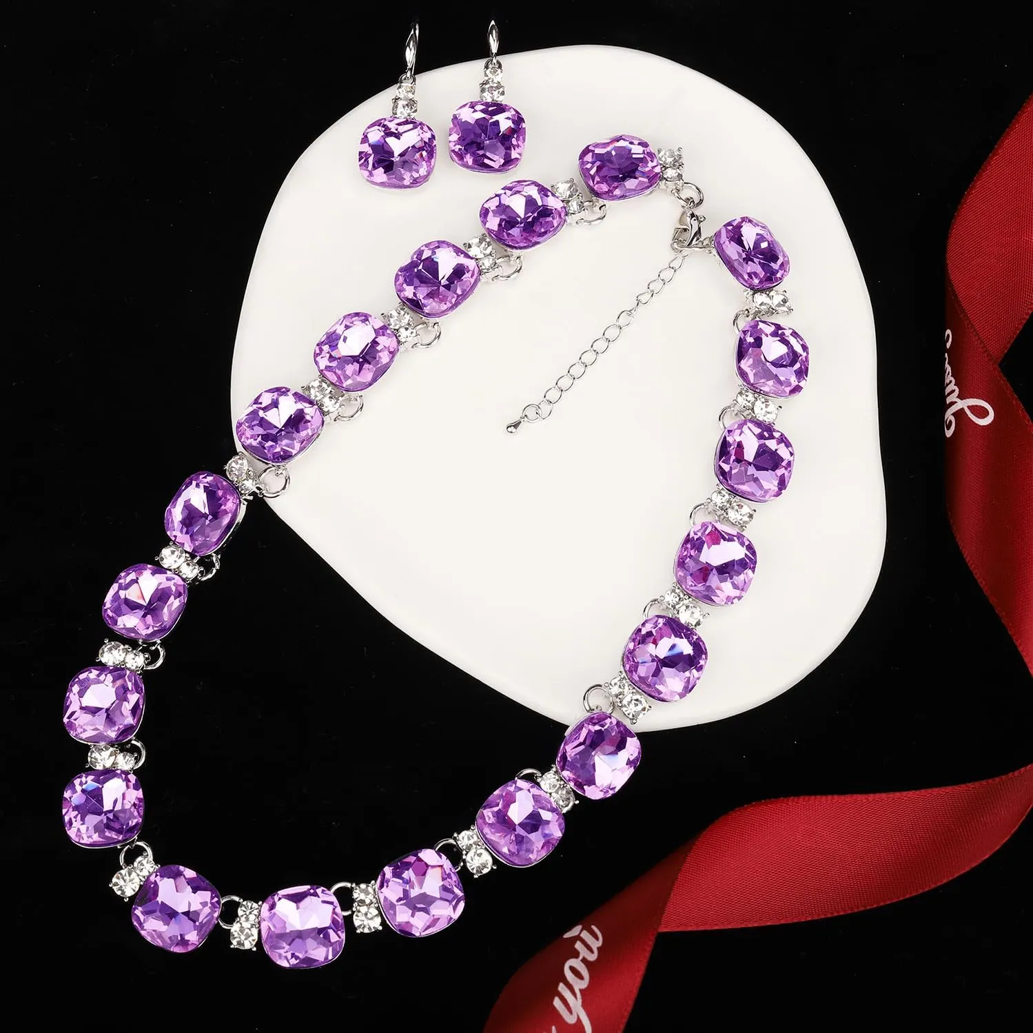 Clear Purple Austrian Crystal Wedding Bridal Jewelry Set for Brides Bridesmaid, Gemstone Statement Necklace and Earring Set Formal Prom Jewelry Set for Silver-Tone Fit With Wedding Evening Dress