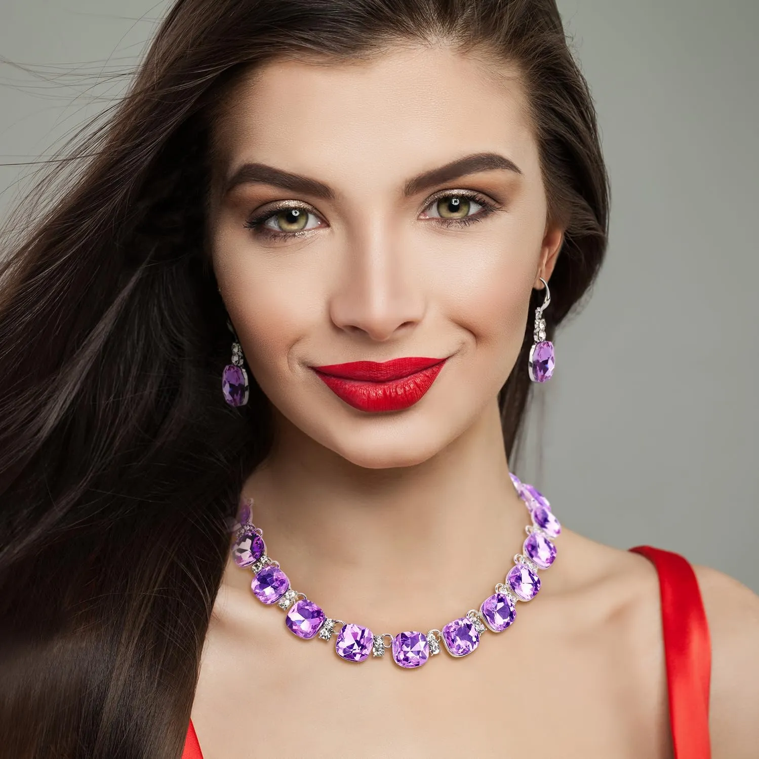 Clear Purple Austrian Crystal Wedding Bridal Jewelry Set for Brides Bridesmaid, Gemstone Statement Necklace and Earring Set Formal Prom Jewelry Set for Silver-Tone Fit With Wedding Evening Dress