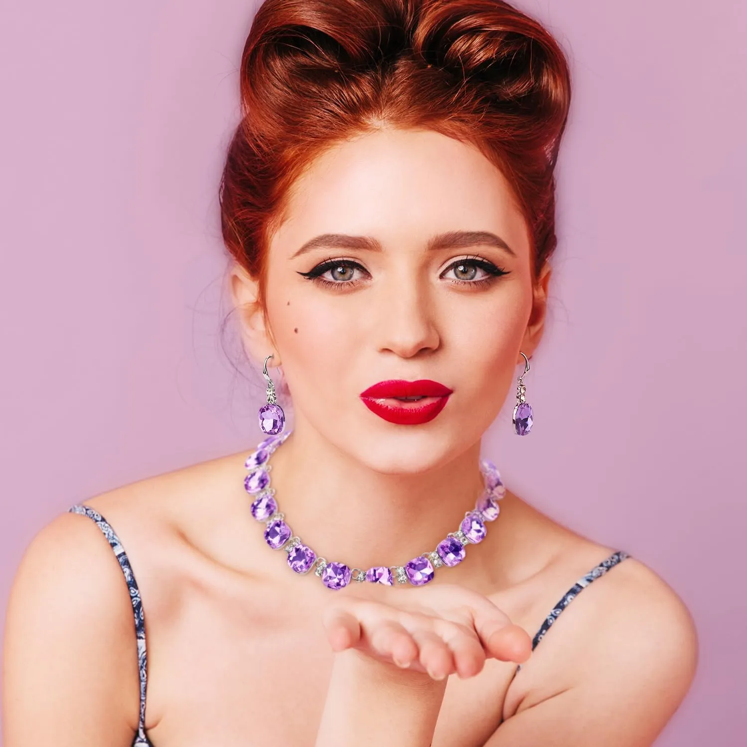 Clear Purple Austrian Crystal Wedding Bridal Jewelry Set for Brides Bridesmaid, Gemstone Statement Necklace and Earring Set Formal Prom Jewelry Set for Silver-Tone Fit With Wedding Evening Dress