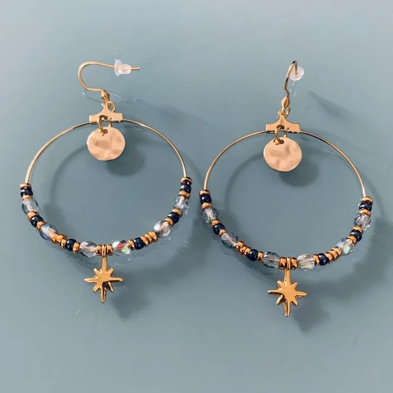 Clover Golden Creole Earrings | Creoles With Pendant and Stones | Golden Rings | Golden Jewellery